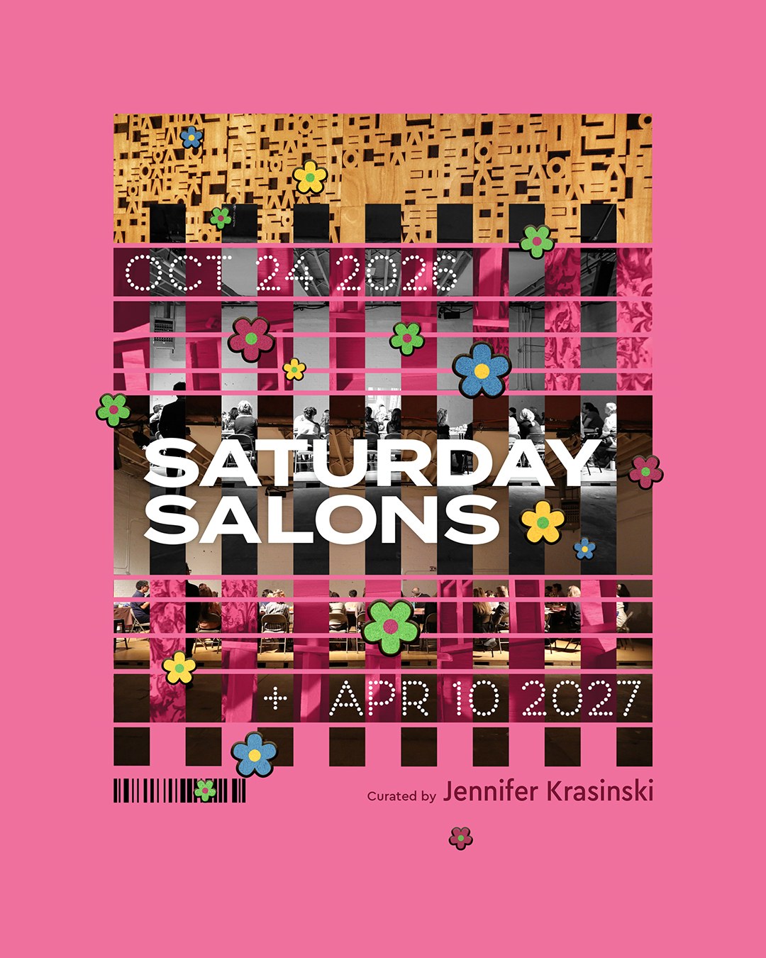 Pink poster reading Saturday Salons, Oct 24 2026 plus Apr 10 2027, curated by Jennifer Krasinski, over strips of photos of a seated audience