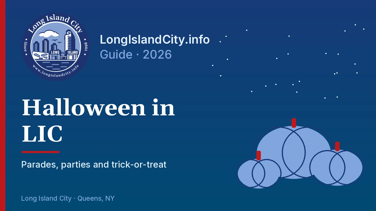 Here's our Halloween in LIC guide graphic: three pumpkins under a starry night sky. Illustration: LongIslandCity.info